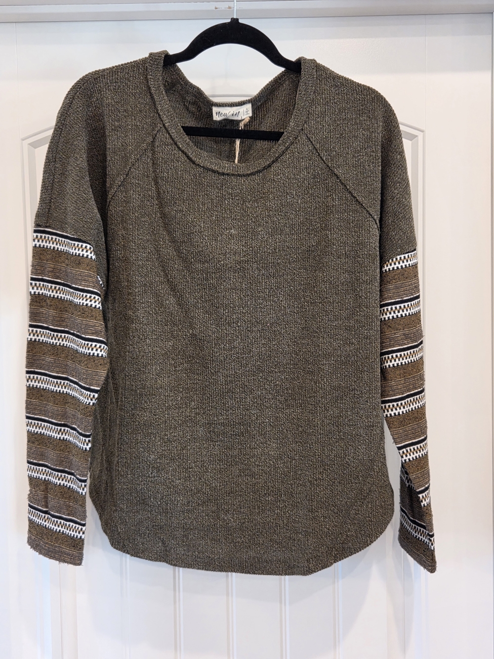 Olive Knit Crew with Striped Pattern Sleeves